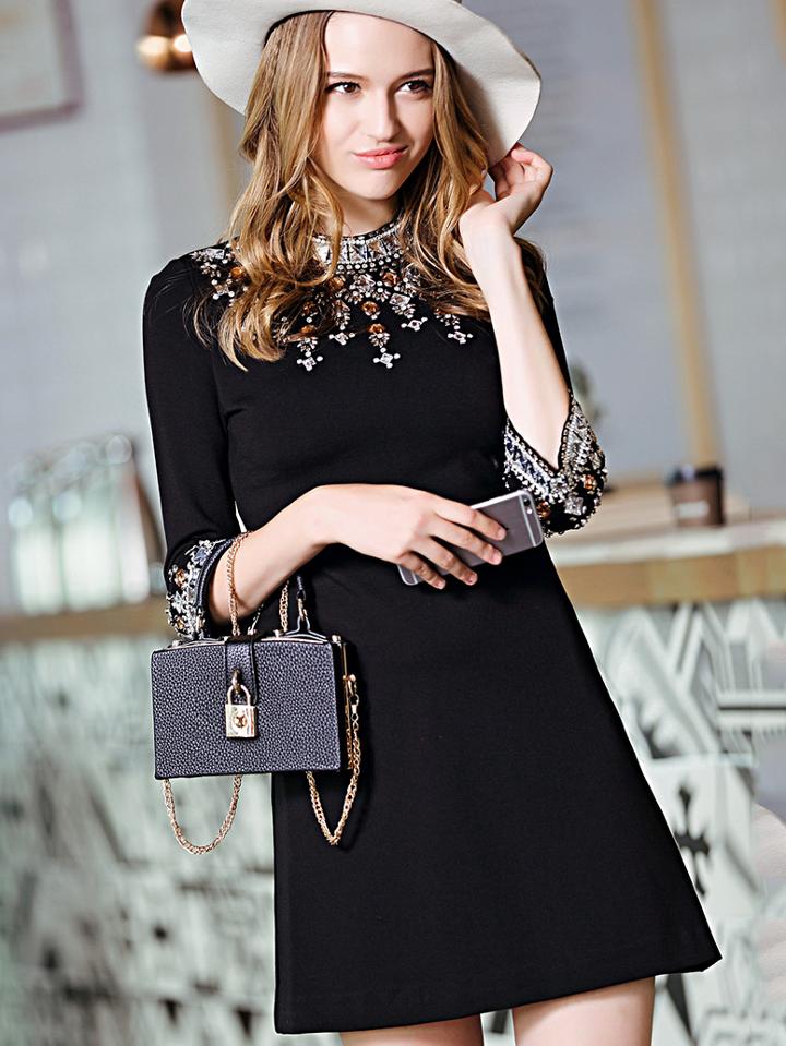 Shein Black Round Neck Length Sleeve Beading Dress