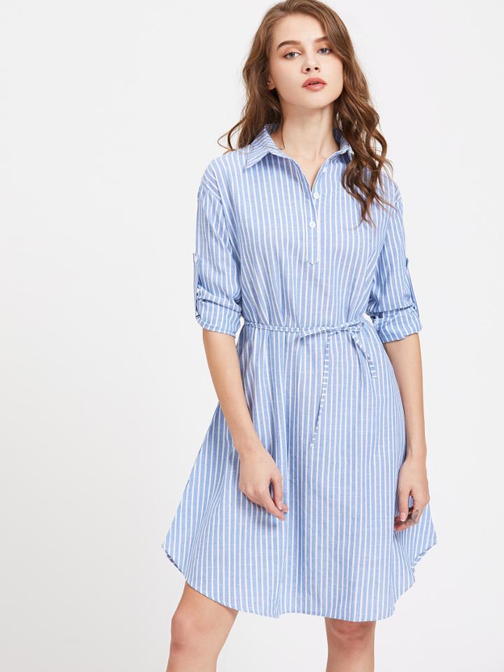 Shein Vertical Striped Roll Up Sleeve Self Tie Shirt Dress