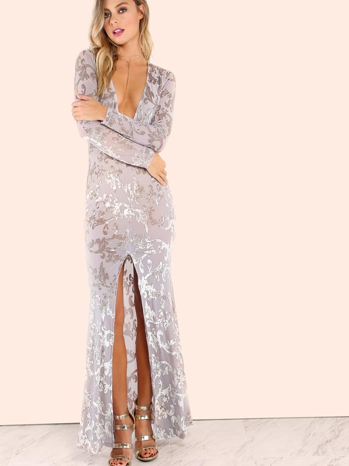 Shein Grey Vine Pattern Deep V Neck Slit Front Sheer Dress
