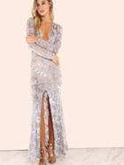 Shein Grey Vine Pattern Deep V Neck Slit Front Sheer Dress