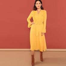 Shein Ruffle Detail Button Bell Sleeve Dress