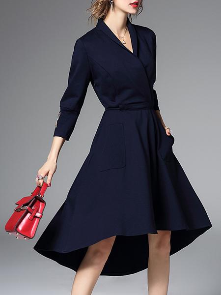 Shein Navy V Neck Pockets High Low Dress