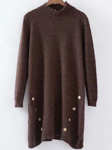 Shein Coffee Button Detail Crew Neck Sweater Dress