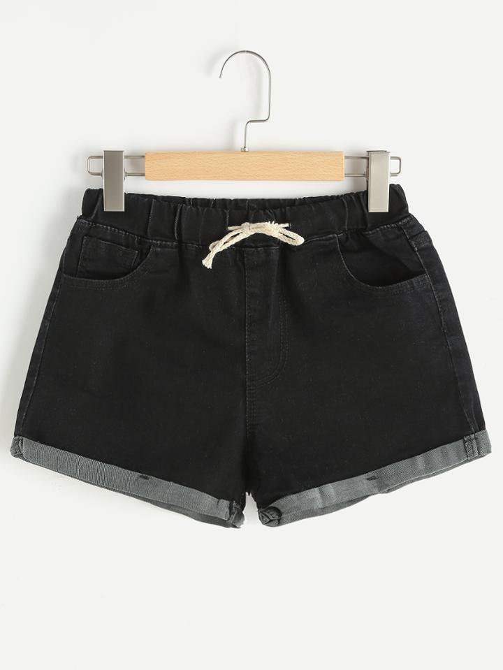 Shein Rolled Hem Drawstring Denim Shorts