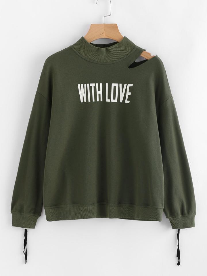 Shein Cutout Shoulder Zip Cuff Graphic Sweatshirt