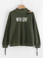 Shein Cutout Shoulder Zip Cuff Graphic Sweatshirt