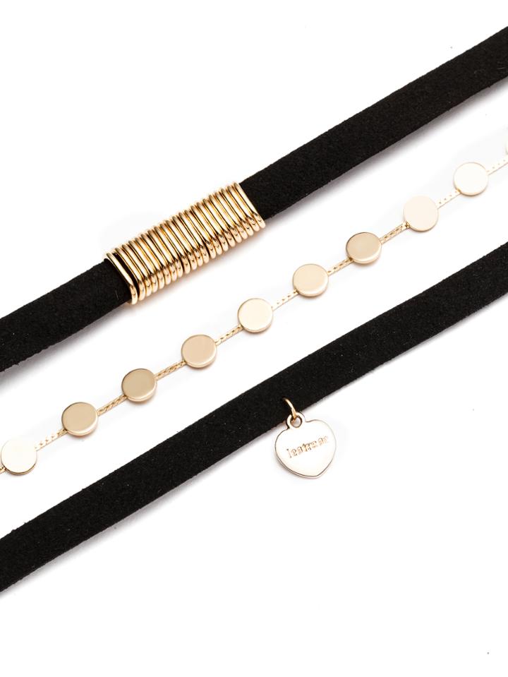 Shein Black Heart Charm Suede Leather Necklace Set