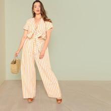 Shein Plus Striped Knot Front Crop Top & Wide Leg Pants Set