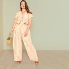 Shein Plus Striped Knot Front Crop Top & Wide Leg Pants Set