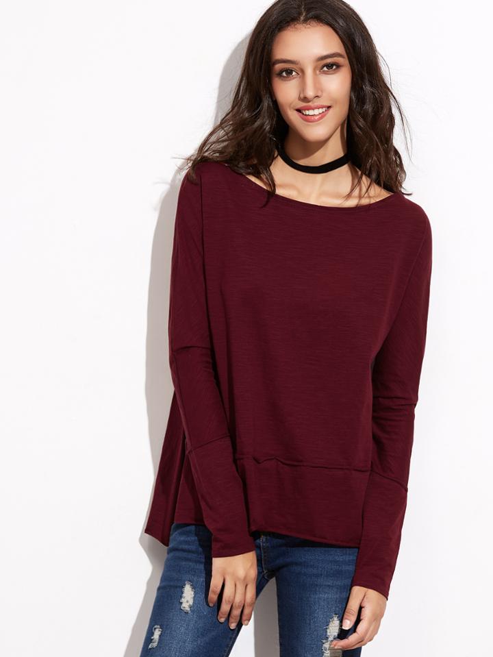 Shein Heather Burgundy Boat Neck Side Slit T-shirt
