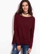 Shein Heather Burgundy Boat Neck Side Slit T-shirt