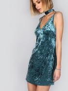 Shein Blue Crushed Velvet Cami Dress With Neck Tie
