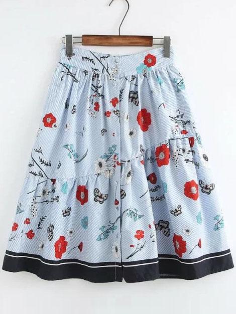 Shein Blue Flower Print Striped Contrast Hem A Line Skirt