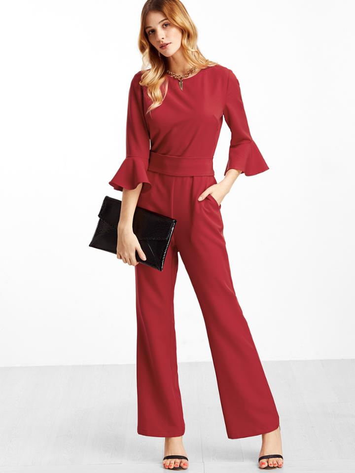 Shein Red Ruffle Cuff Belted Jumpsuit