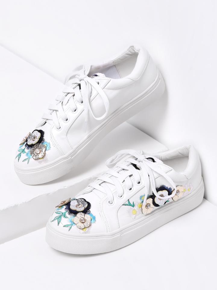 Shein Flower Embellished Lace Up Plimsolls