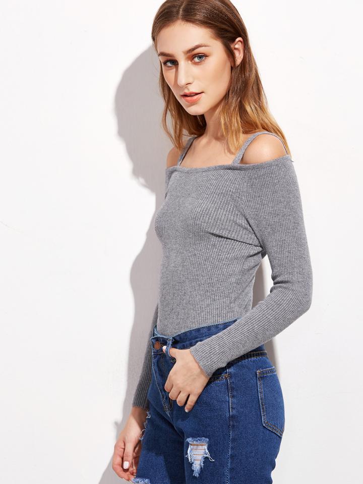 Shein Grey Cold Shoulder Ribbed Sweater
