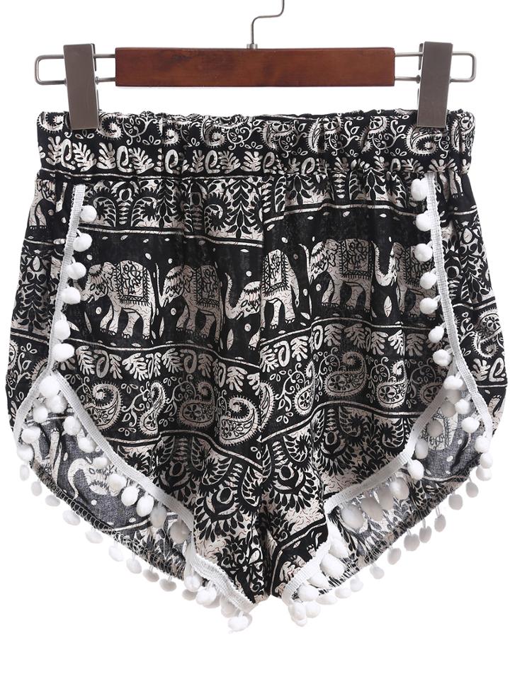 Shein Black Elastic Waist Random Print Pom Pom Shorts