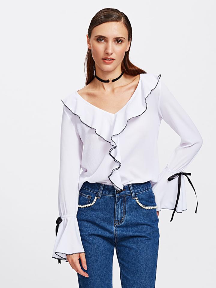 Shein Tied Bell Cuff Frill Trim Blouse