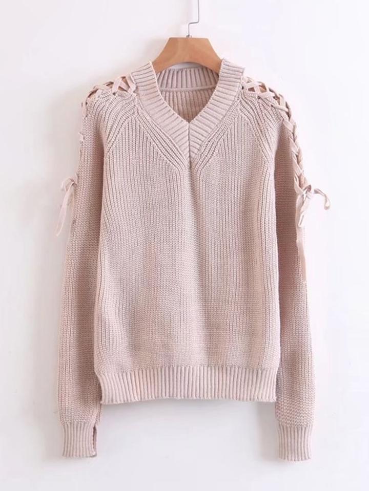 Shein Lace Up Shoulder V Neckline Sweater