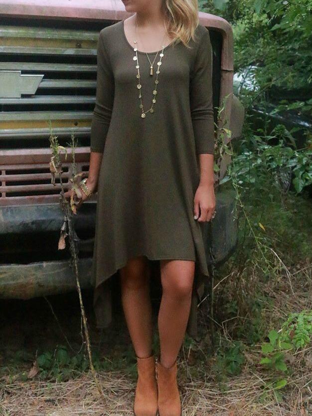 Shein Army Green Long Sleeve High Low Dress