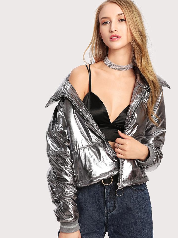 Shein Zip Up Metallic Puffer Coat