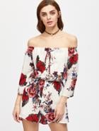 Shein Bardot Bell Sleeve Lace Up Front Florals Romper