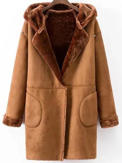 Shein Khaki Studded Hooded Coat With Faux Fur Lining