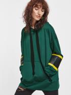 Shein Green Drop Shoulder Striped Sleeve Pocket Front Oversized Hoodie