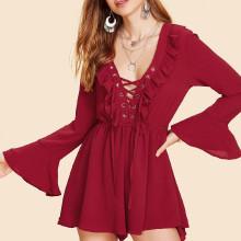 Shein Plunge Lace Up Ruffle Trim Romper