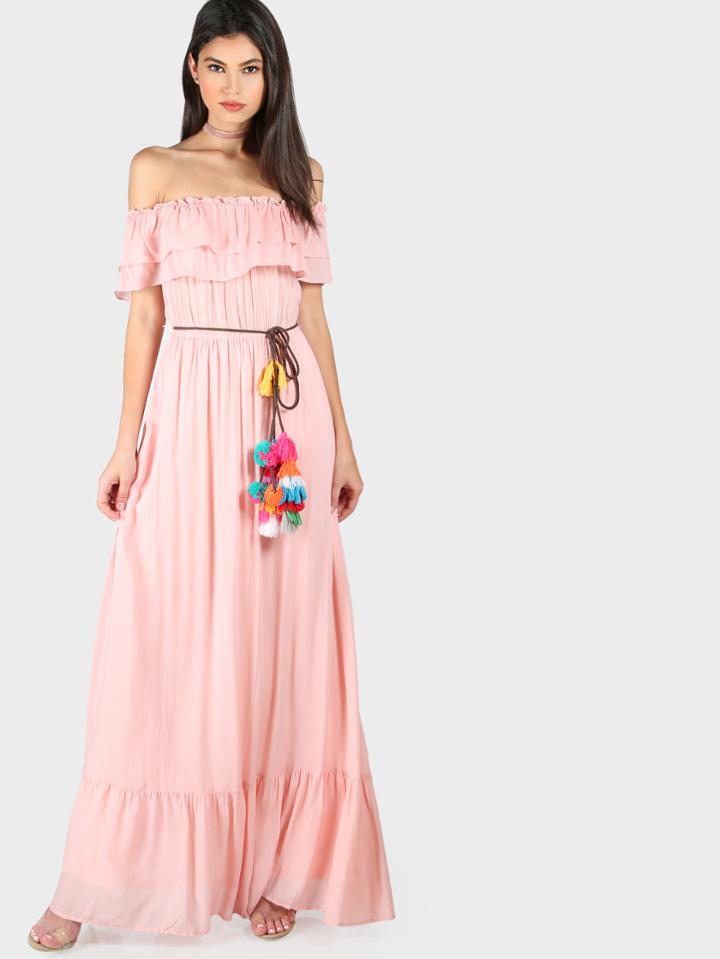 Shein Frill Off Shoulder Tiered Hem Pom Pom Belt Dress