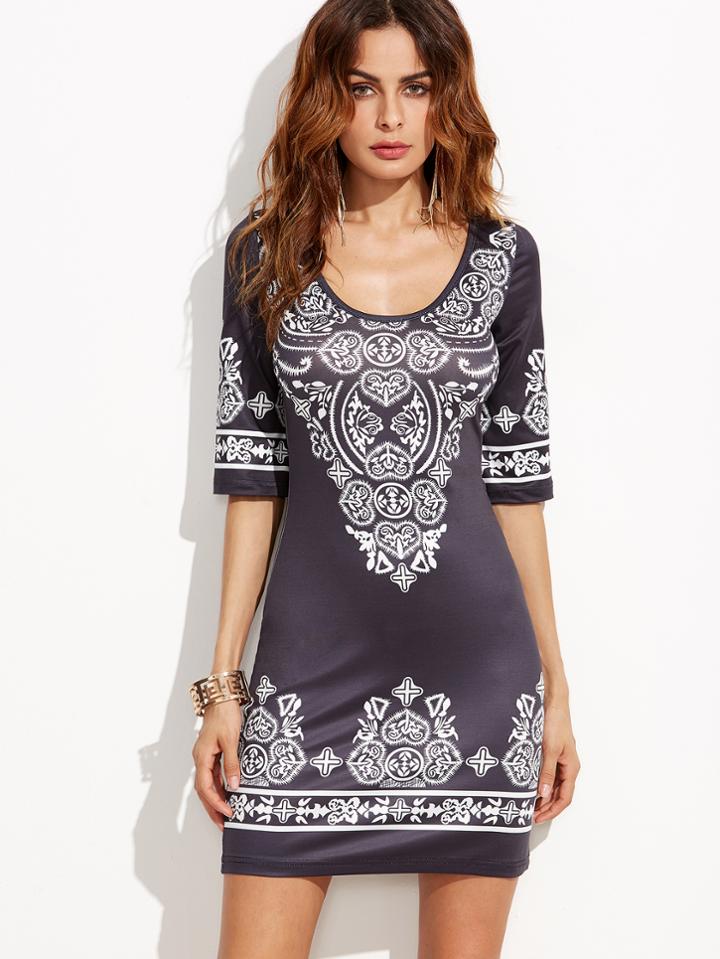 Shein Black Vintage Print Bodycon Dress