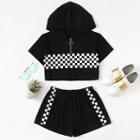 Shein Gingham Zip Up Hooded Top With Shorts