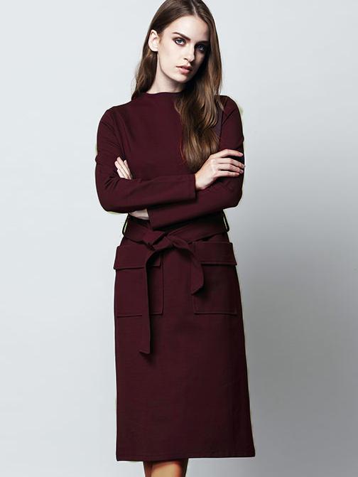 Shein Dark Purple Round Neck Long Sleeve Tie-waist Pockets Dress