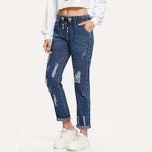 Shein Raw Hem Drawstring Waist Wide Leg Jeans