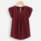 Shein Pearls Buttoned Keyhole Curved Hem Blouse