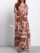 Shein Multicolor V-neck Tie Waist Vintage Print Split Maxi Dress