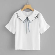 Shein Cat Embroidered Tie Neck Shirt