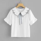 Shein Cat Embroidered Tie Neck Shirt
