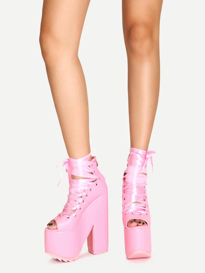 Shein Pink Lace Up Platform Chunky Heel Shoes