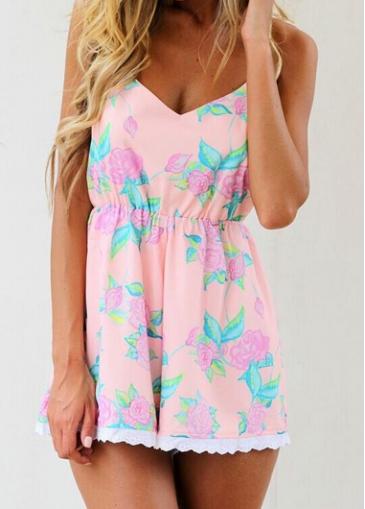 Rosewe Pink Criss Cross Backless Printed Romper