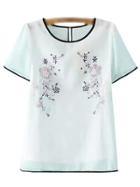 Shein White Short Sleeve Flower Embroidery Blouse