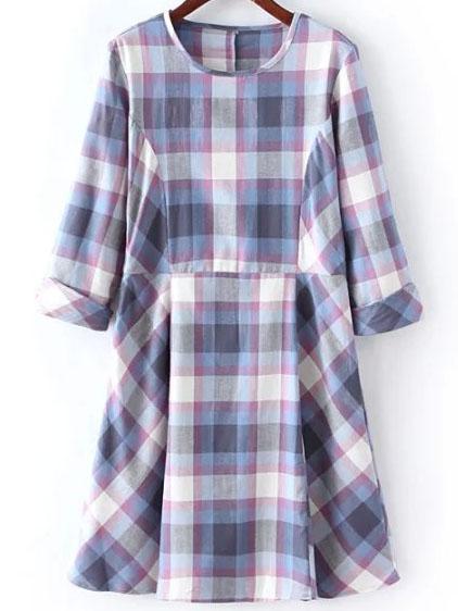 Shein Blue Plaid Cuffed A-line Dress