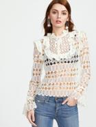 Shein Ruffle Detail Trumpet Sleeve Hollow Out Embroidered Lace Top