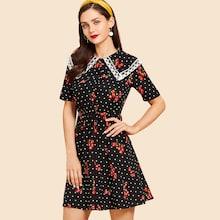 Shein Lace Collar Cherry And Dot Print Dress