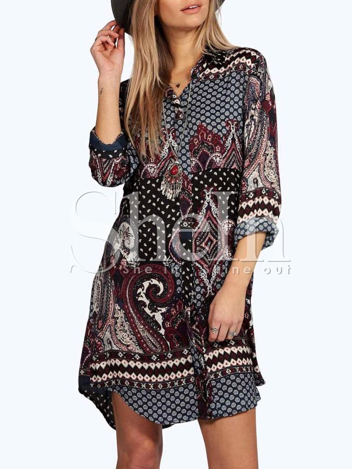 Shein Vintage Print Lapel Shirt Dress