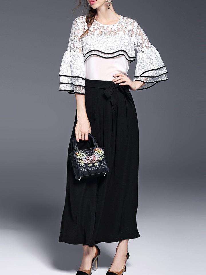 Shein White Bell Sleeve Sheer Lace Top With Pants