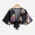 Shein Floral Print Bow Knot Crop Kimono