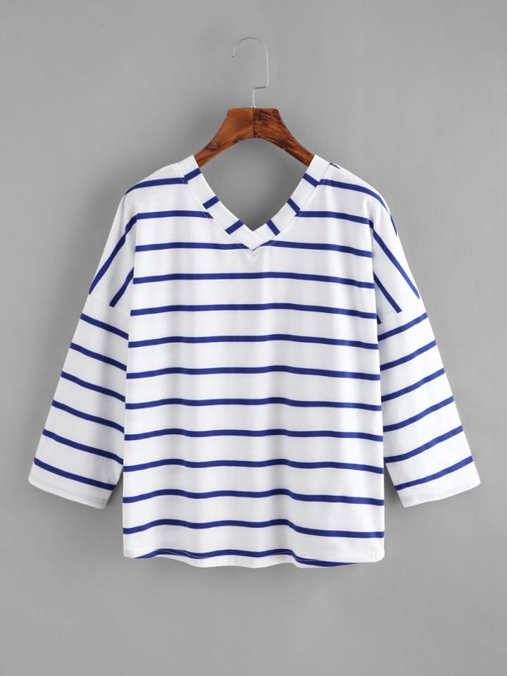 Shein Drop Shoulder V Neckline Striped Tee