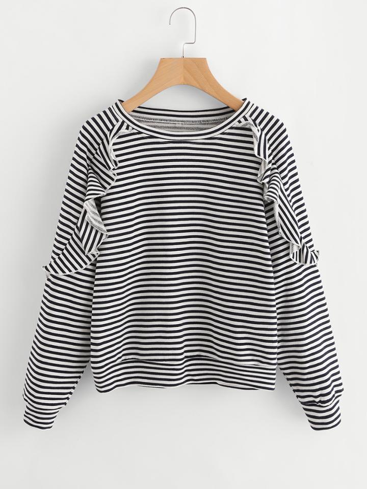Shein Ruffle Trim Raglan Sleeve Striped Pullover
