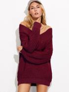 Shein Burgundy V Neck Drop Shoulder Chunky Knit Sweater